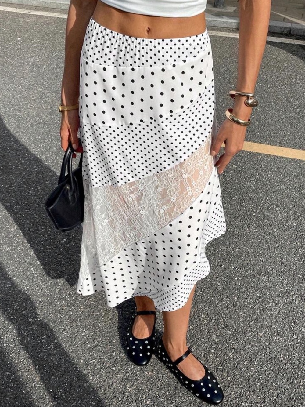 Princess Polly Rennar Polka Dot Lace-Inset White Black Striped Maxi Skirt Sz XS